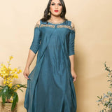 Teal Blue Two Piece Zardosi Embroidered Cotton Silk Gown