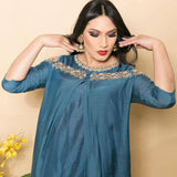 Teal Blue Two Piece Zardosi Embroidered Cotton Silk Gown