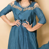 Teal Blue Two Piece Zardosi Embroidered Cotton Silk Gown