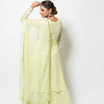 Festive light green georgette Sharara set with embroidered Kurta, round neck, and flowing design