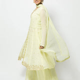 Festive light green georgette Sharara set with embroidered Kurta, round neck, and flowing design
