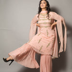 Peach Designer Embroidered Sharara Set - Anvi Couture