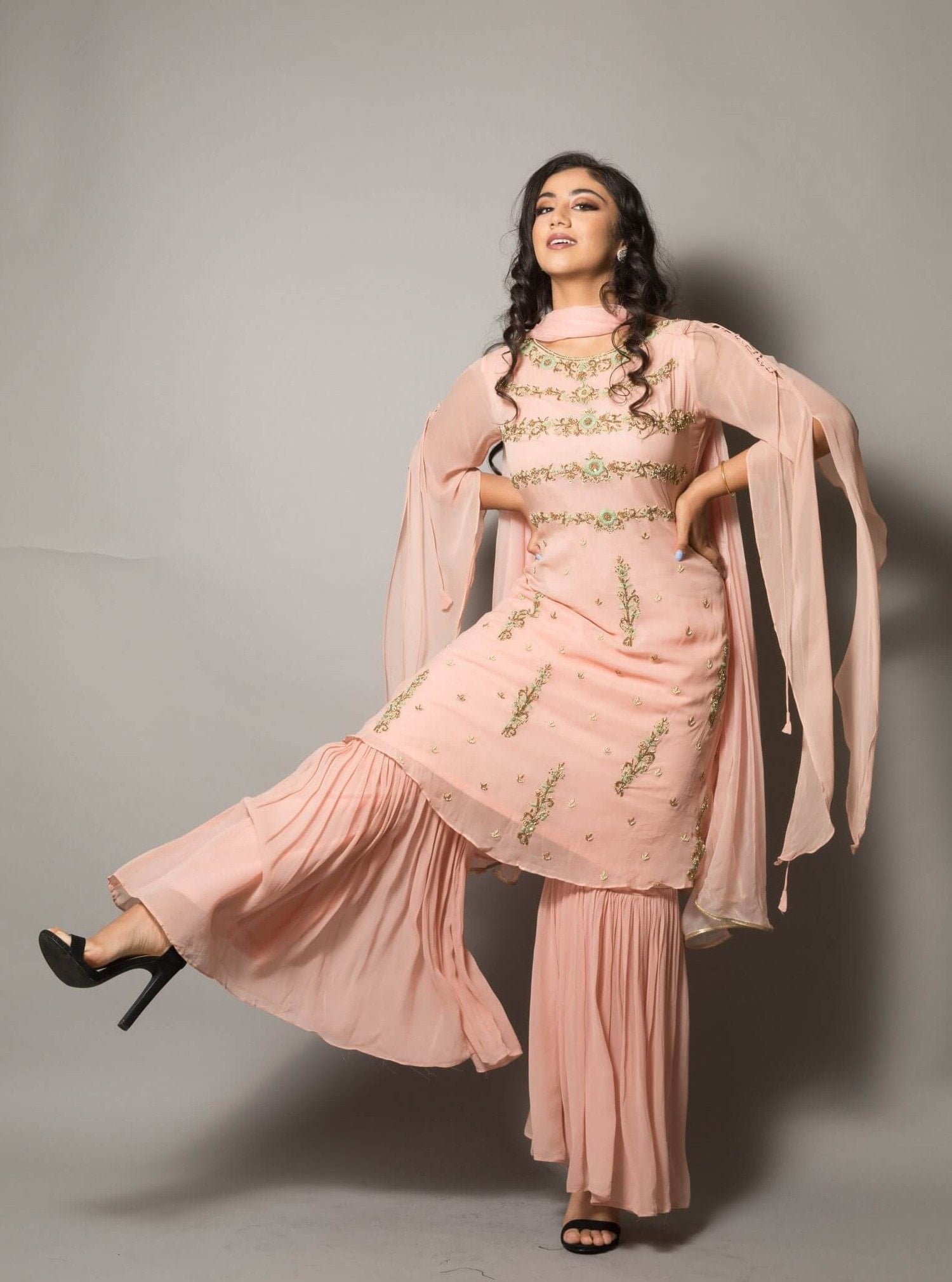 Peach Designer Embroidered Sharara Set - Anvi Couture