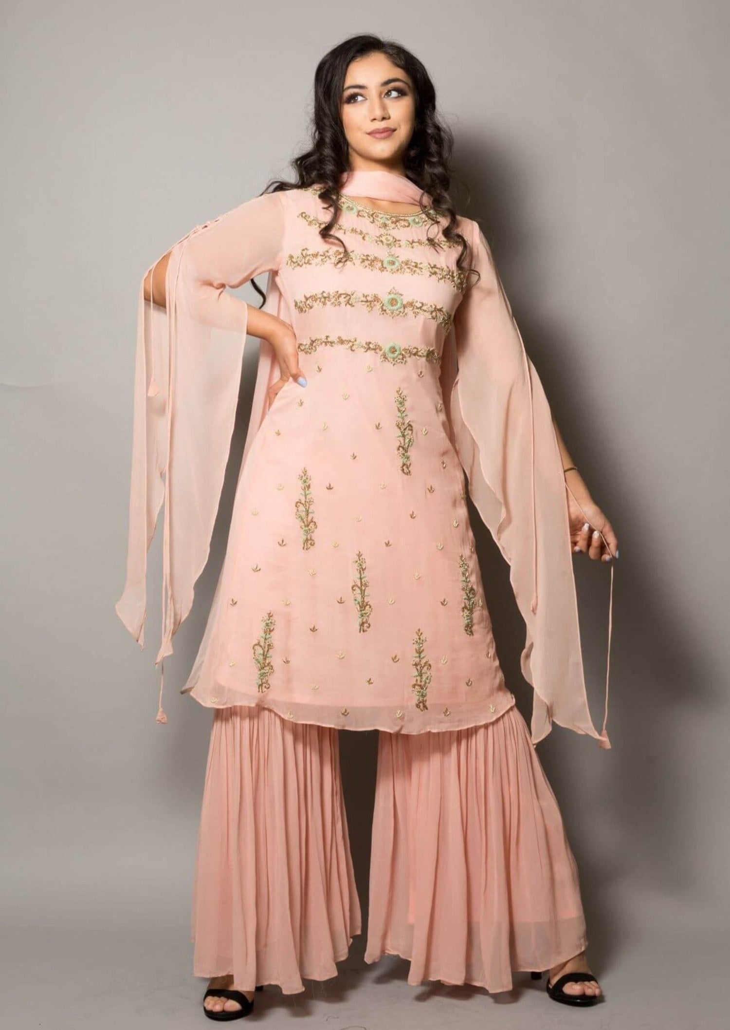 Peach Designer Embroidered Sharara Set - Anvi Couture