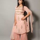 Peach Designer Embroidered Sharara Set - Anvi Couture