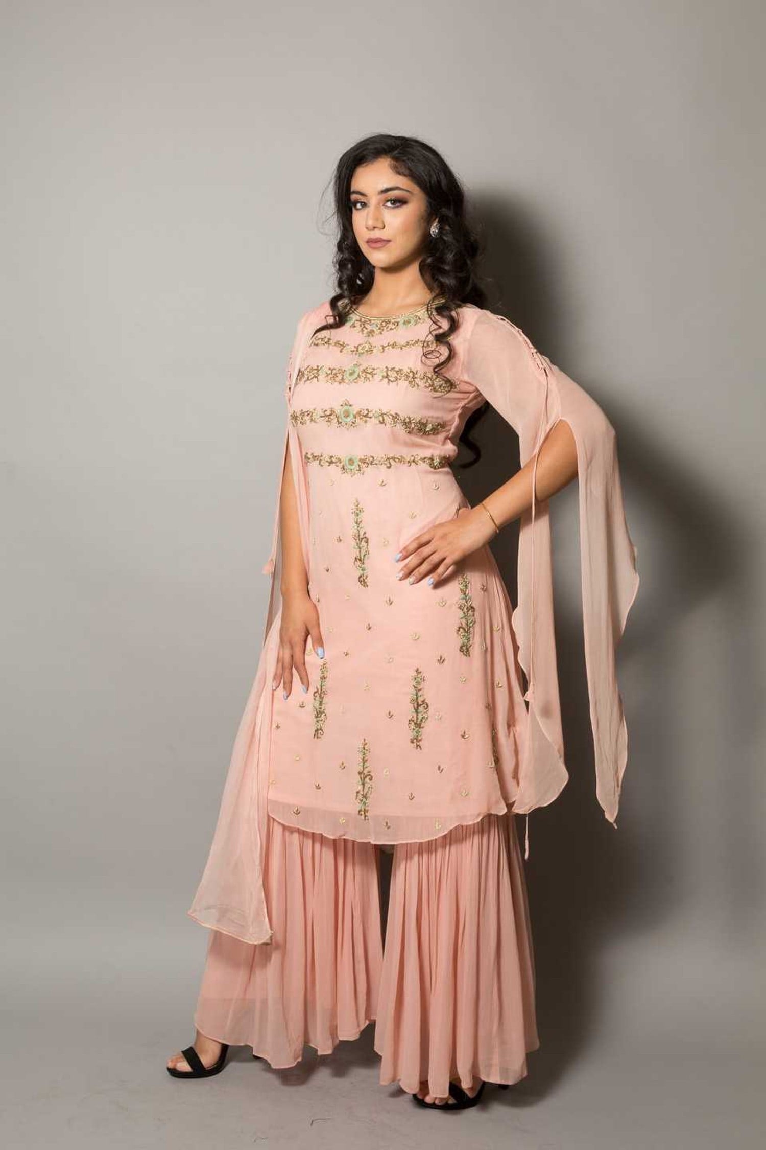 Peach Designer Embroidered Sharara Set - Anvi Couture