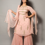 Peach Designer Embroidered Sharara Set - Anvi Couture