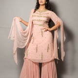 Peach Designer Embroidered Sharara Set - Anvi Couture