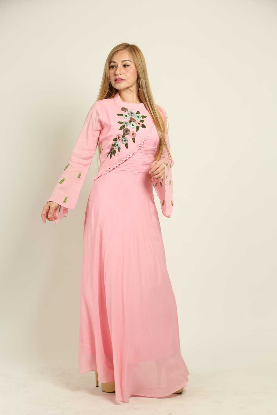 Cotton Pink Dress with Floral Embroidery Design M