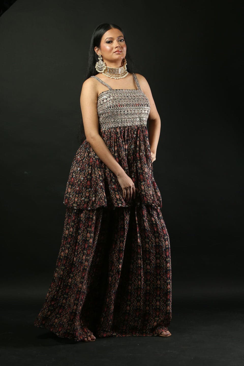 Printed Georgette Sharara Set with Peplum Top - Anvi Couture