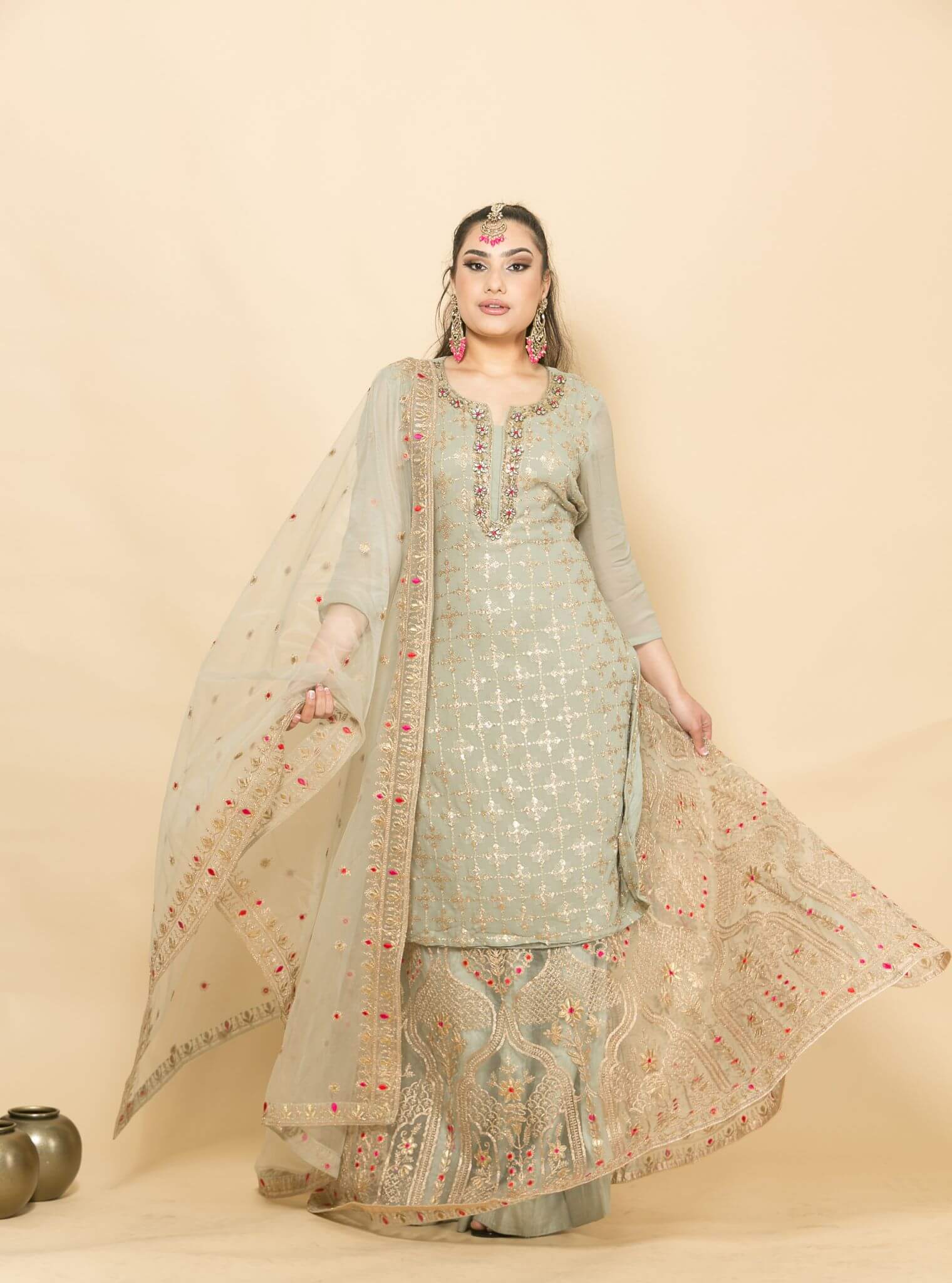 Georgette Grey Kurti with Skirt Set with Zardosi Work - Anvi Couture
