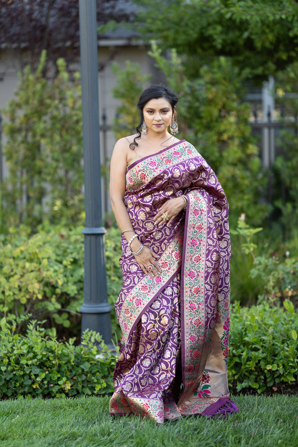 Purple Silk Saree with Floral Motifs Embroidery -Anvi Couture