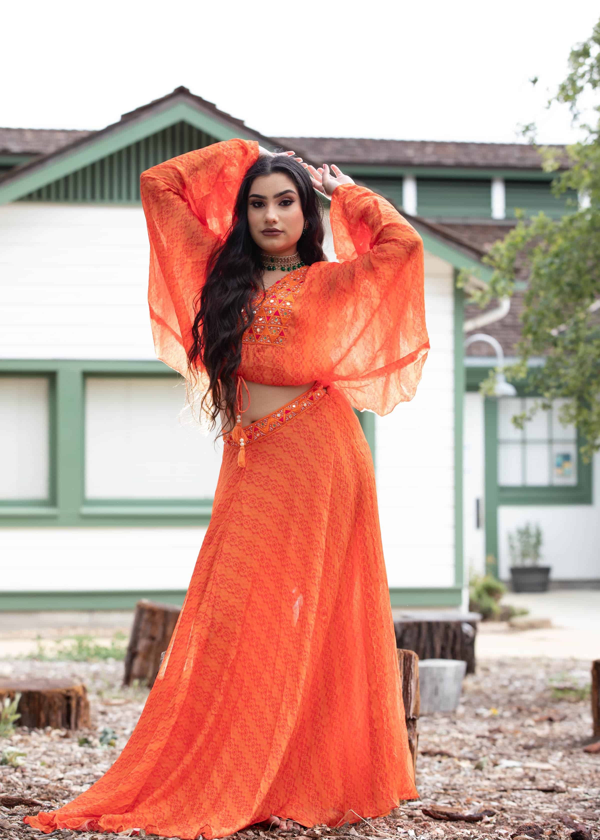 Sunrise Orange Drape Skirt with Embroidered Peplum Top - Anvi Couture