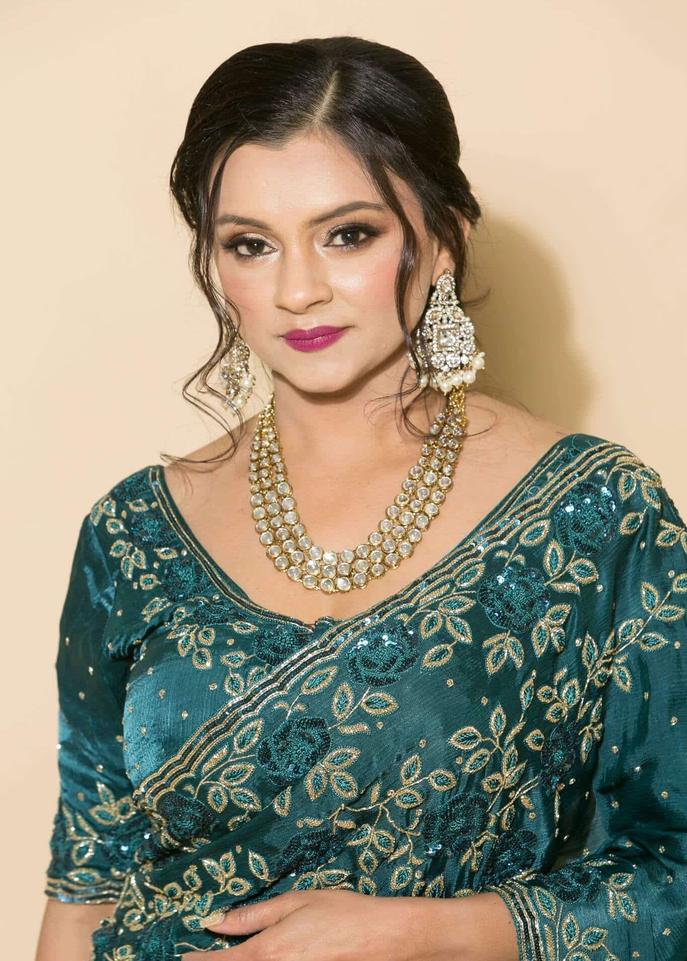 Teal Blue Crepe Saree with stonework and floral embroidery - Anvi Couture