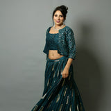 Teal Blue Handwoven Katan Silk Lehenga Set with Jacket - Anvi Couture