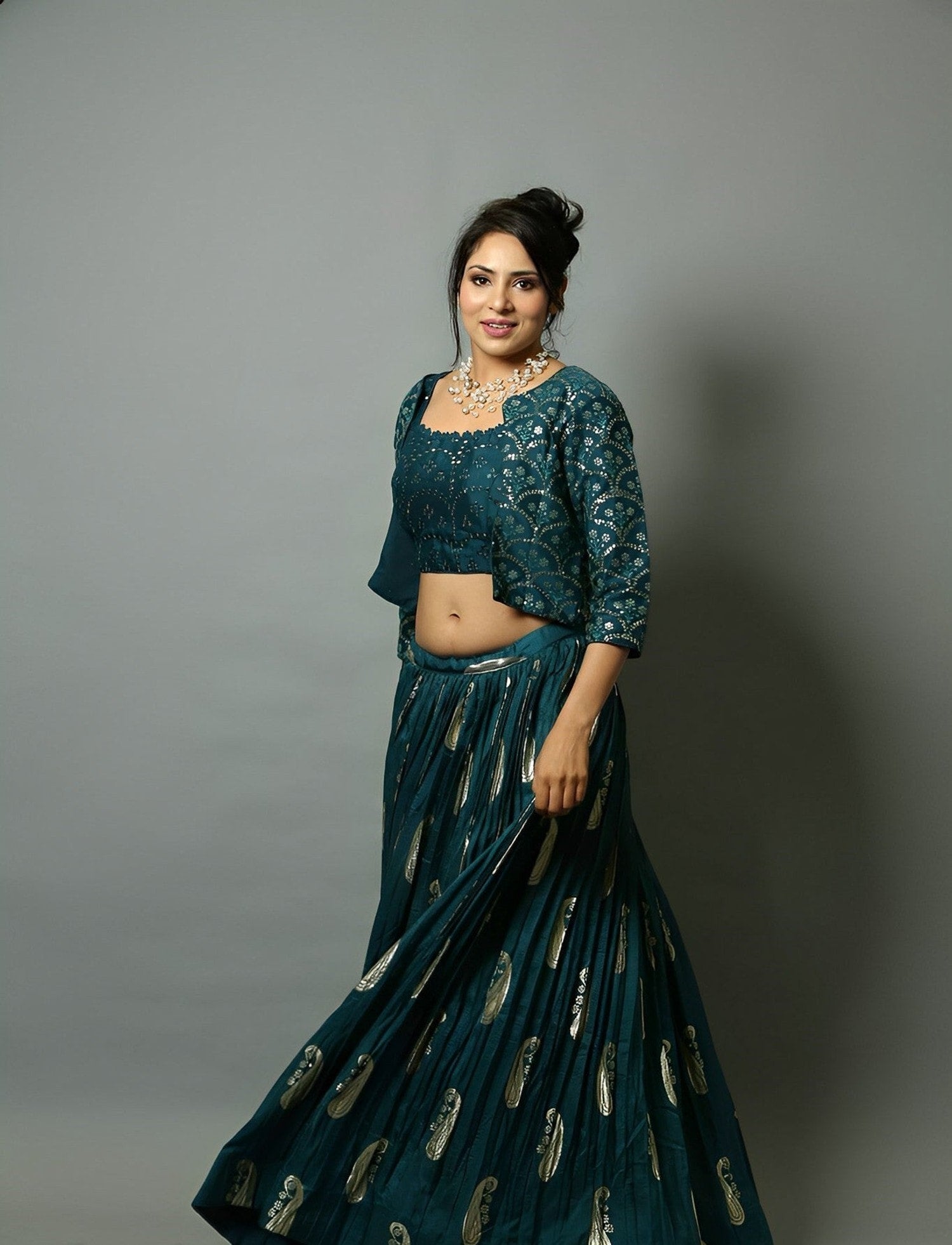 Teal Blue Handwoven Katan Silk Lehenga Set with Jacket - Anvi Couture