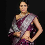 Wine Purple Silk Saree with Silver Motifs and Brocade