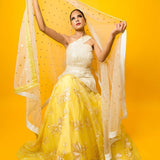 Yellow Floral Embroidery Lehenga Set in Fusion Style - Anvi Couture