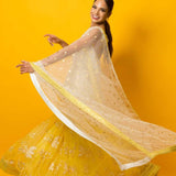 Yellow Floral Embroidery Lehenga Set in Fusion Style - Anvi Couture