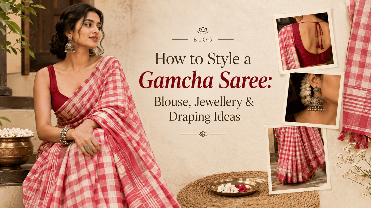 How to Style a Gamcha Saree: Blouse, Jewellery & Draping Ideas - Anvi Couture