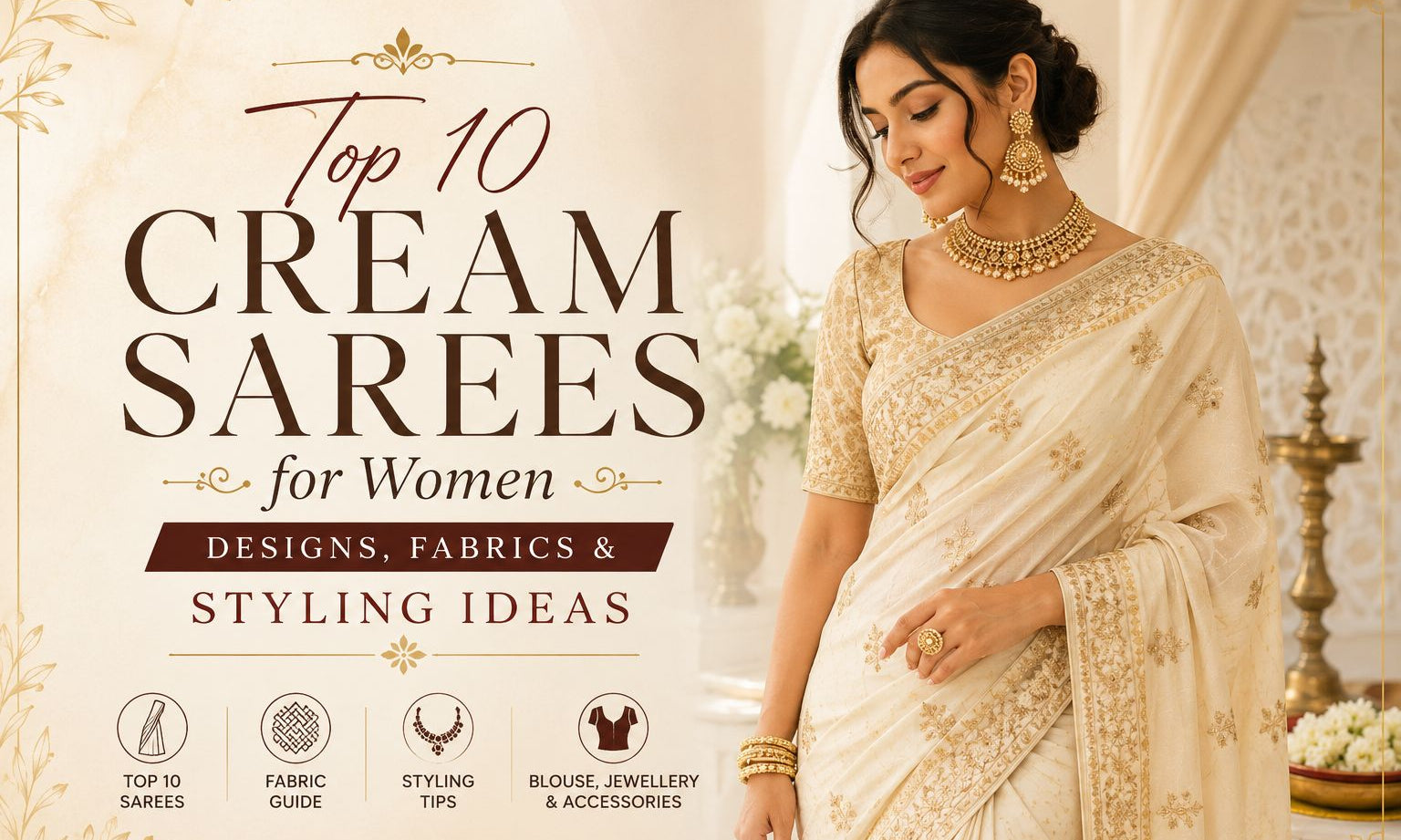 Top 10 Cream Sarees for Women: Designs, Fabrics & Styling Ideas - Anvi Couture