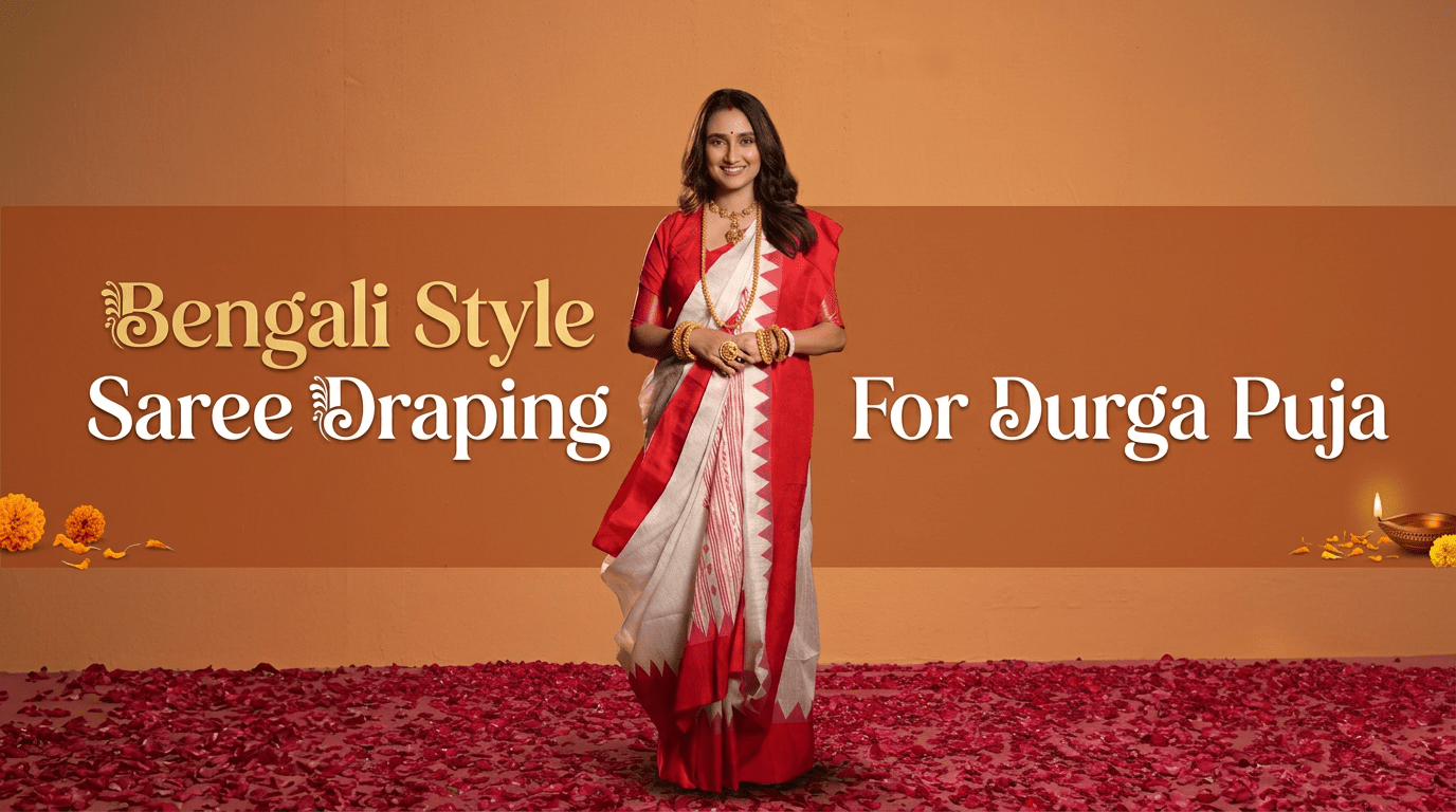 Bengali Style Saree Draping For Durga Puja - Anvi Couture