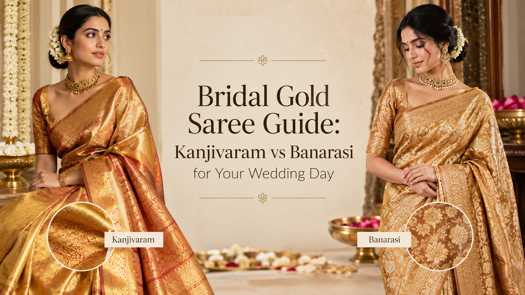 Bridal Gold Saree Guide: Kanjivaram vs Banarasi for Your  Wedding Day
