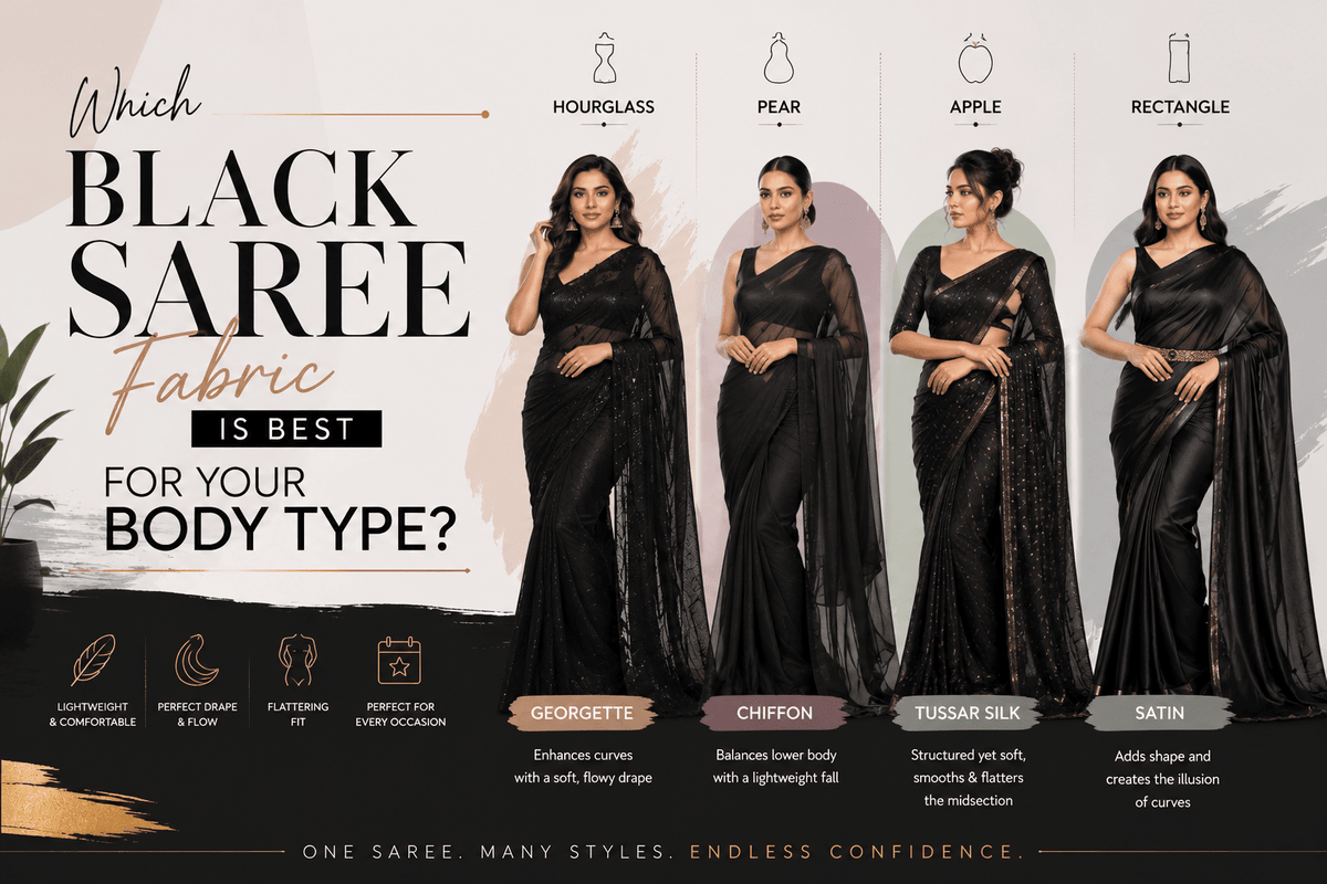 Which Black Saree Fabric is Best ? Latest Guide as Per Every Body Type - Anvi Couture