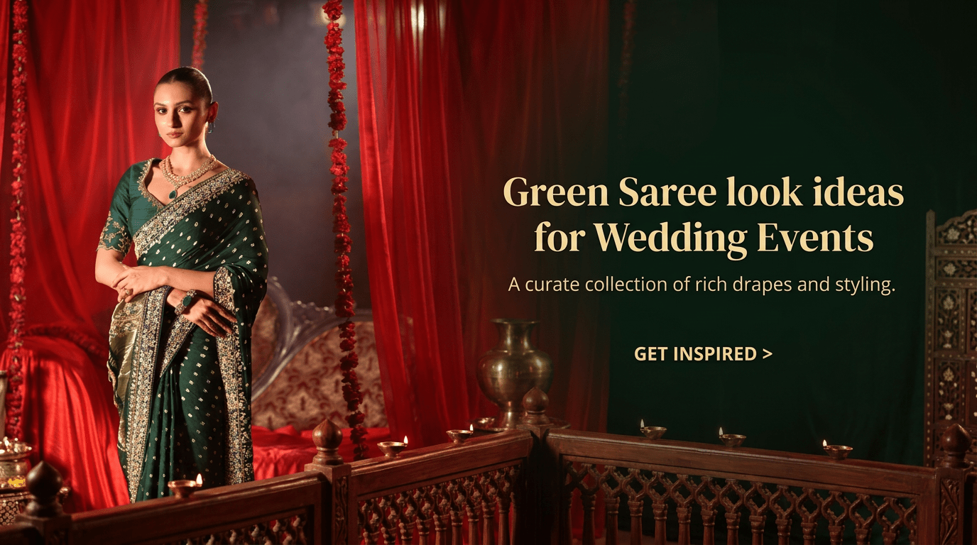 Green Saree look ideas for Wedding Events : Brides to Guest Complete Styling Ideas - Anvi Couture