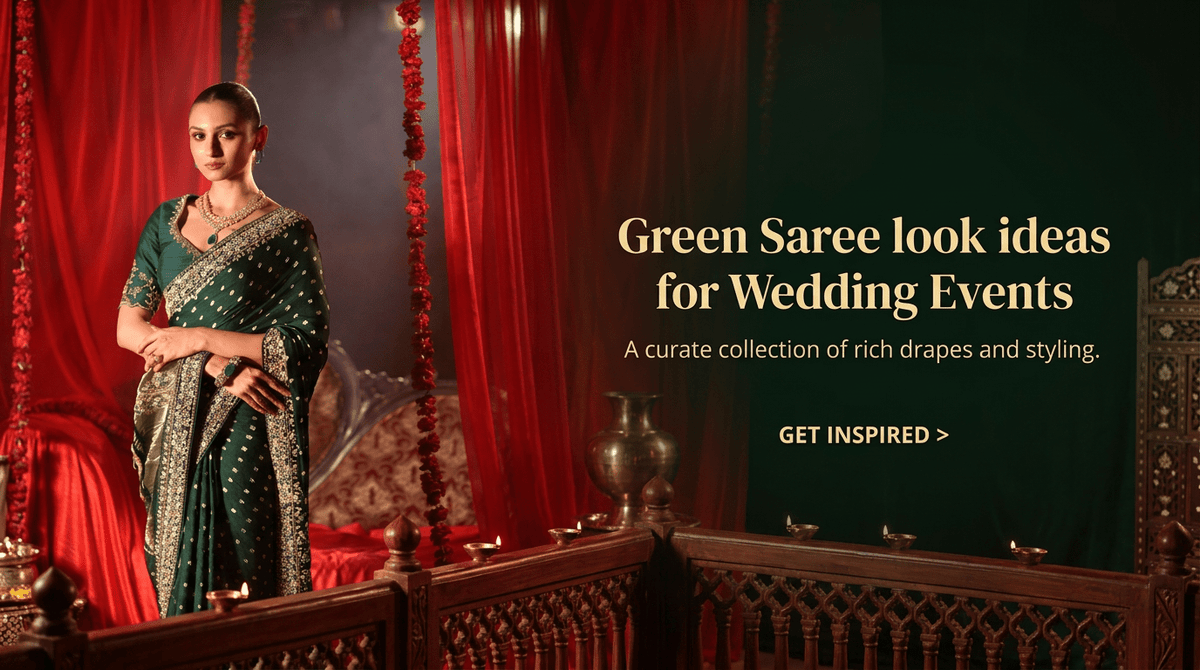 Green Saree look ideas for Wedding Events : Brides to Guest Complete Styling Ideas - Anvi Couture