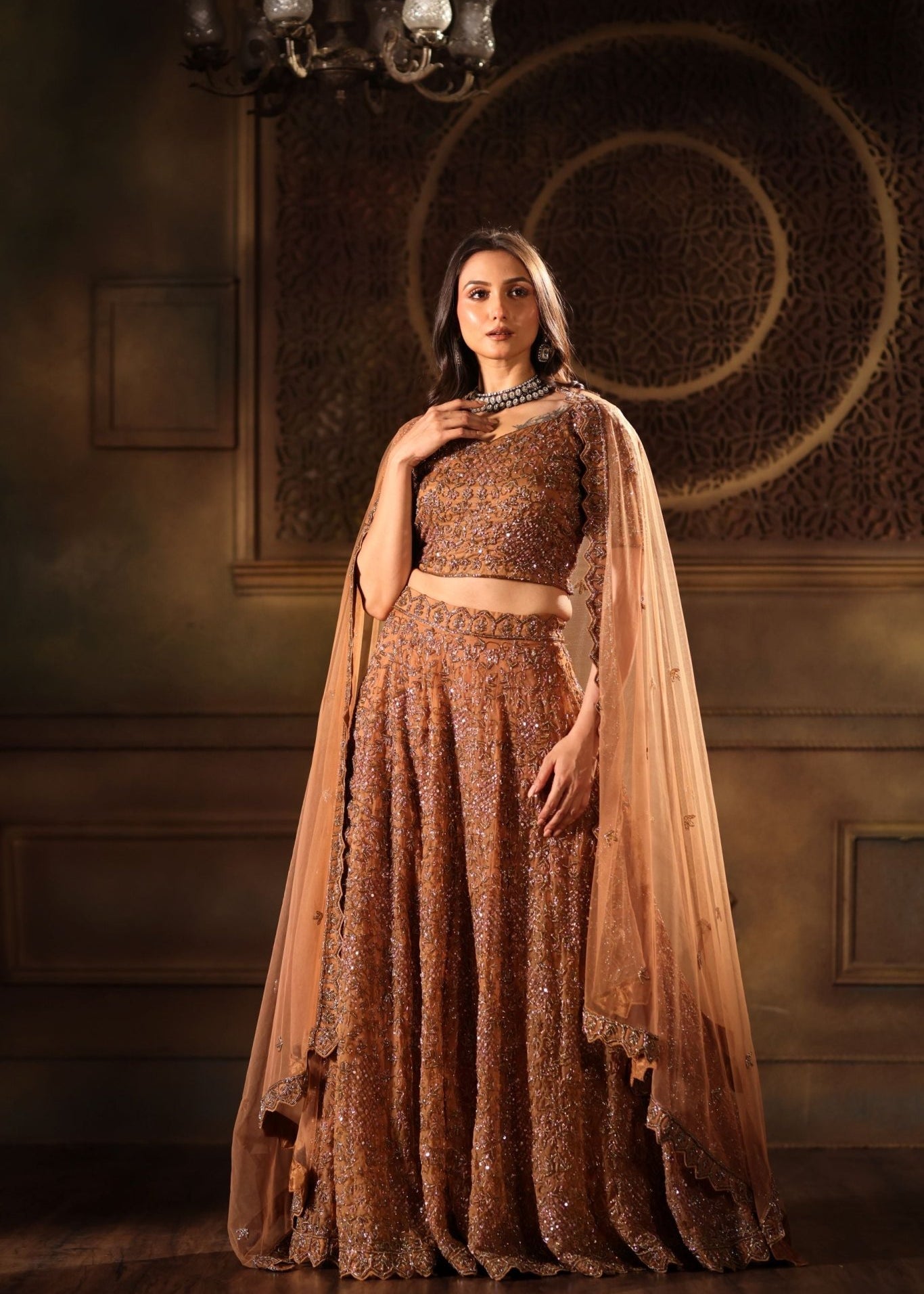 Mocha Brown Hand Embroidered Lehenga Set with Cut dana Embellishment - Anvi Couture