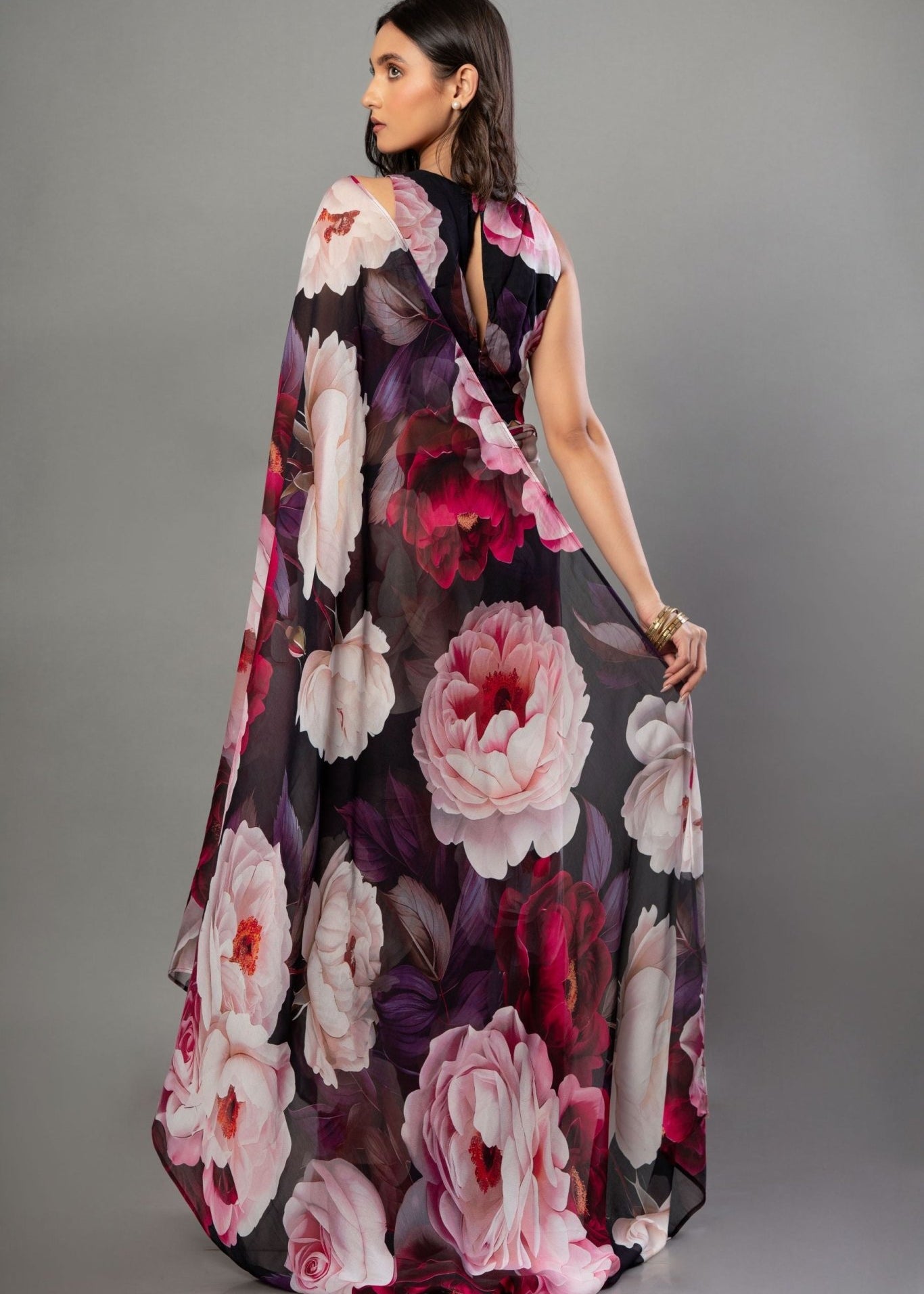 Designer Black Georgette Floral Print Party Wear Saree - Anvi Couture