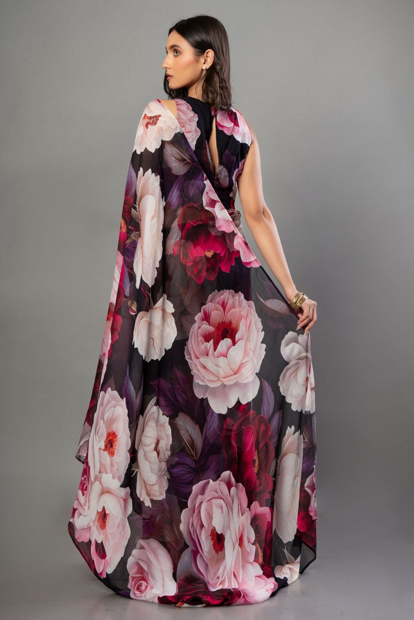 Designer Black Georgette Floral Print Party Wear Saree - Anvi Couture
