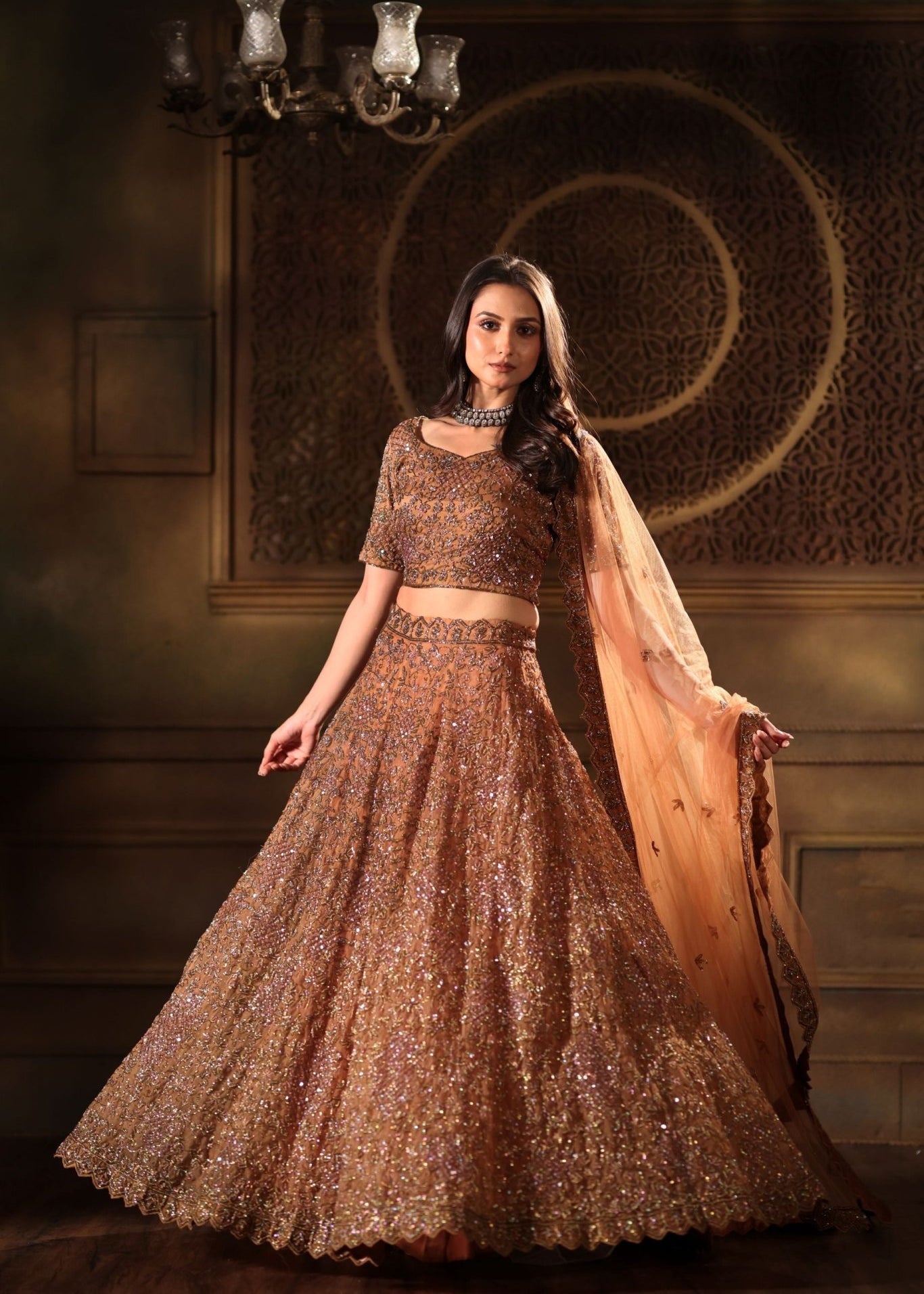 Mocha Brown Hand Embroidered Lehenga Set with Cut dana Embellishment - Anvi Couture