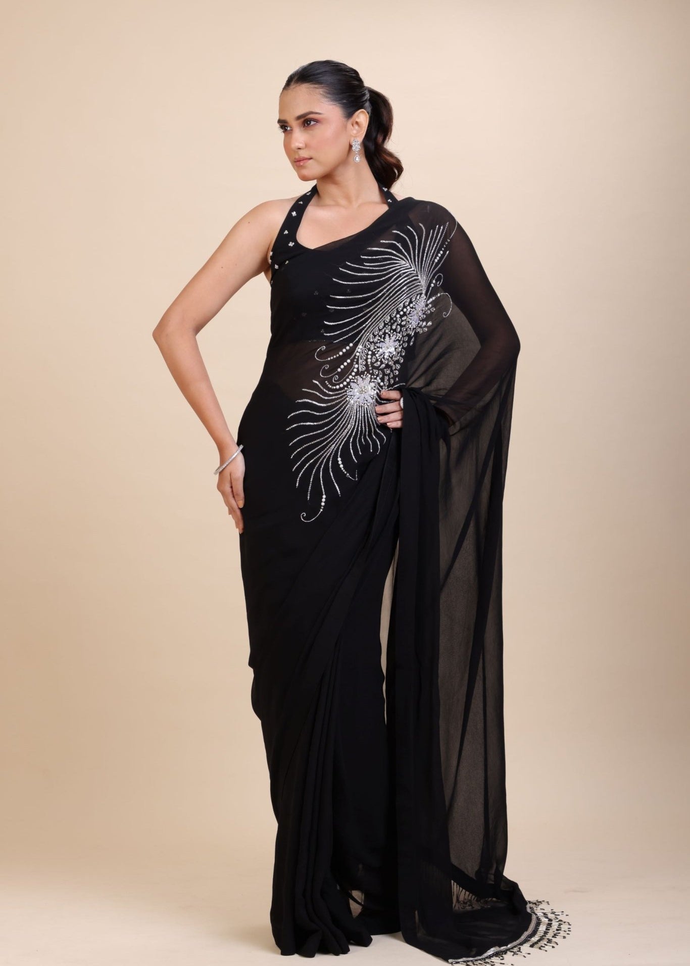 Black Embroidery Partywear Saree With Designer Blouse - Anvi Couture