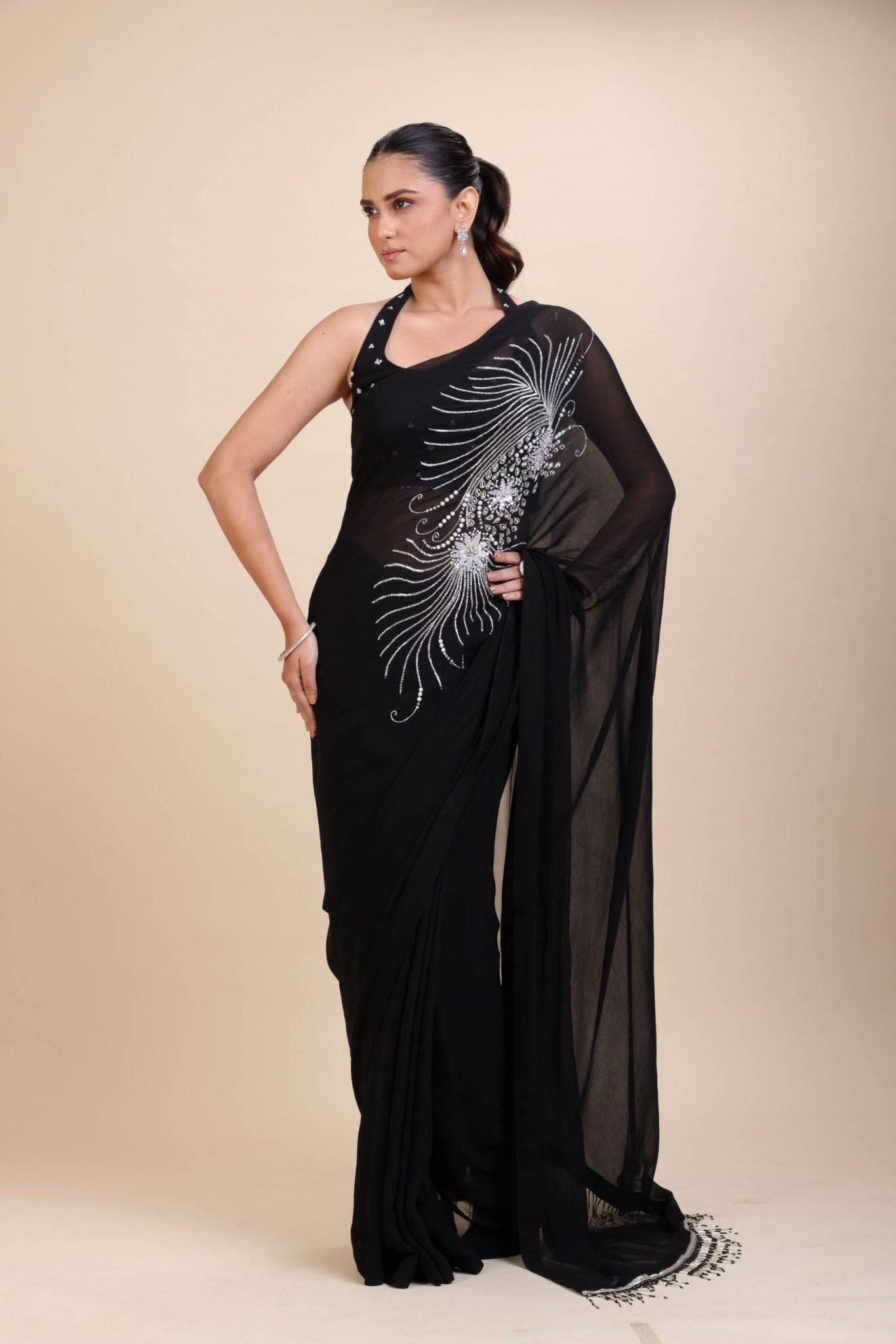 Black Embroidery Partywear Saree With Designer Blouse - Anvi Couture
