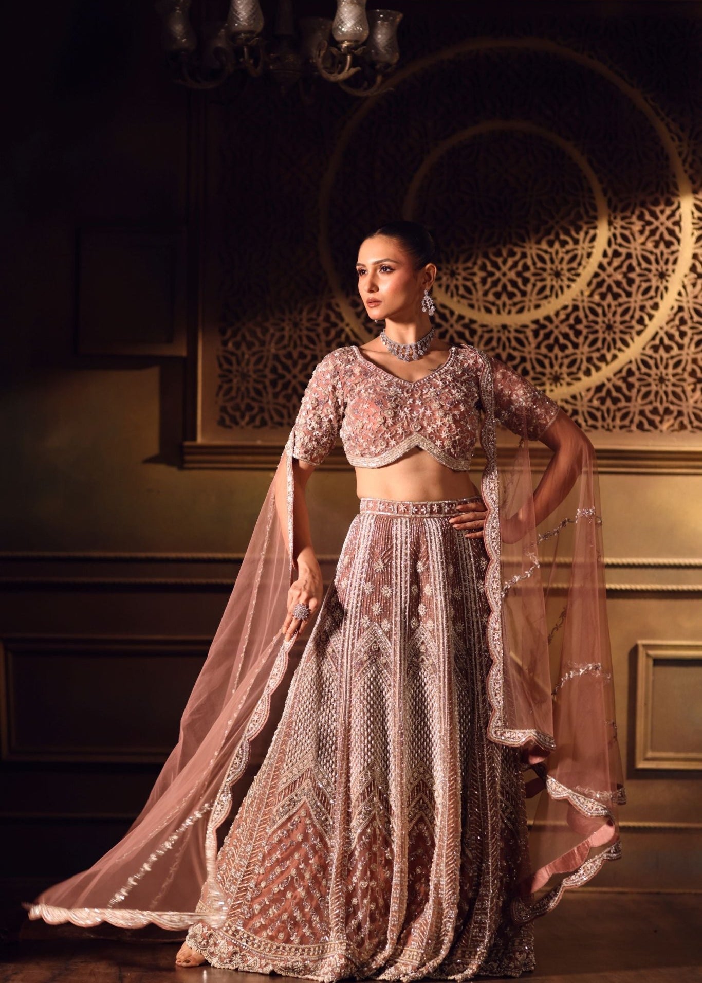 Dusty Pink Bridal Lehenga Set in Net with All Over Embroidery and Dupatta - Anvi Couture