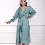 Ocean Blue Printed Wrap Dress in Satin Silk - Anvi Couture