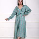 Ocean Blue Printed Wrap Dress in Satin Silk - Anvi Couture