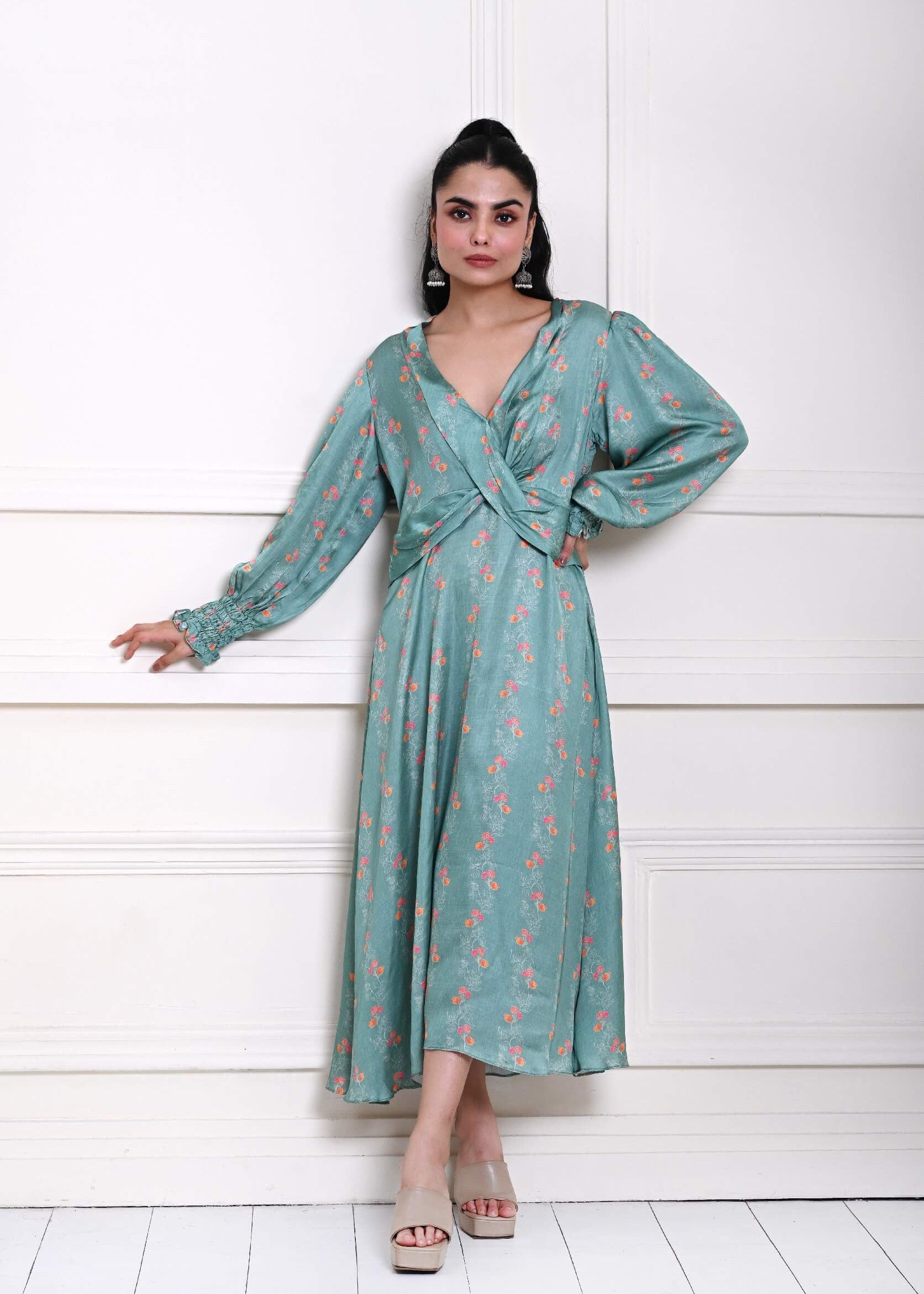 Ocean Blue Printed Wrap Dress in Satin Silk - Anvi Couture