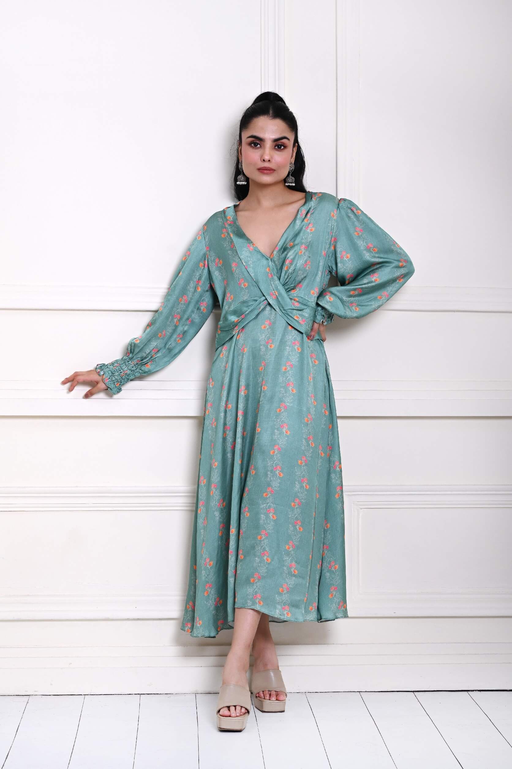 Ocean Blue Printed Wrap Dress in Satin Silk - Anvi Couture