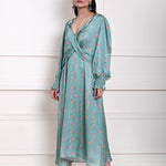 Ocean Blue Printed Wrap Dress in Satin Silk - Anvi Couture