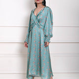 Ocean Blue Printed Wrap Dress in Satin Silk - Anvi Couture