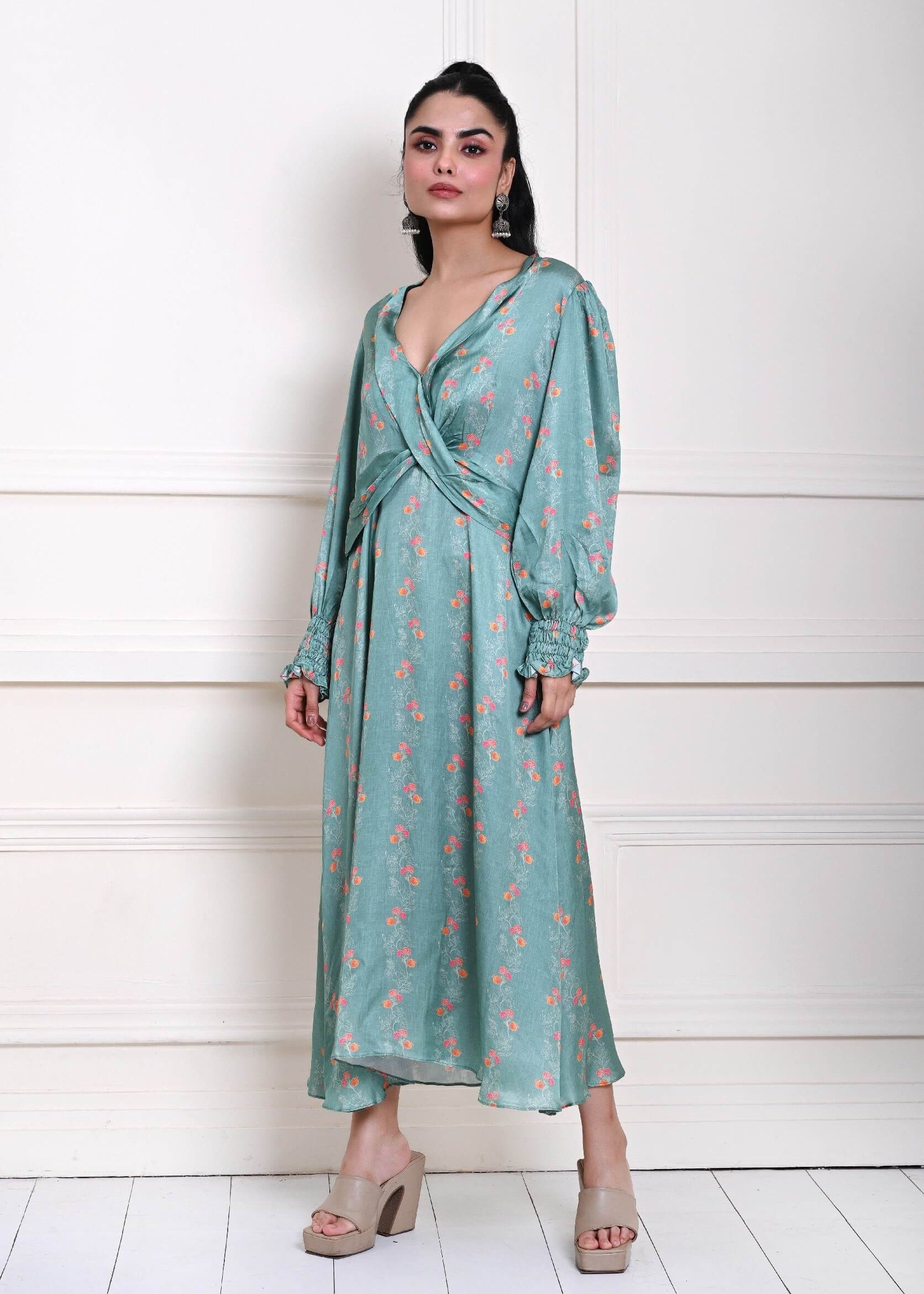 Ocean Blue Printed Wrap Dress in Satin Silk - Anvi Couture