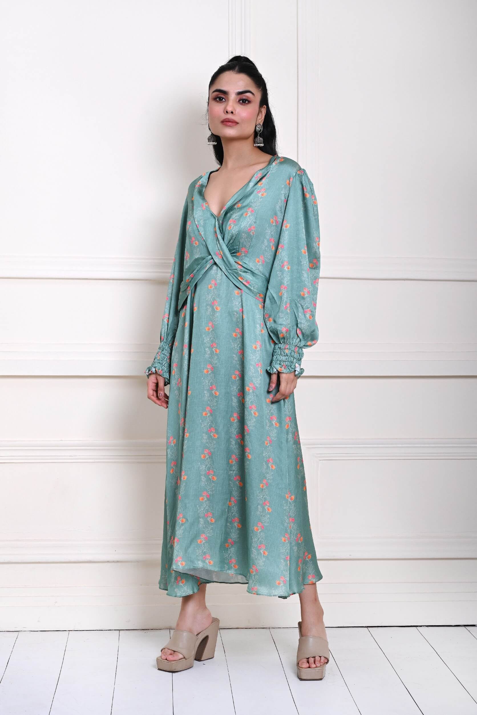 Ocean Blue Printed Wrap Dress in Satin Silk - Anvi Couture
