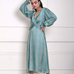 Ocean Blue Printed Wrap Dress in Satin Silk - Anvi Couture