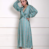 Ocean Blue Printed Wrap Dress in Satin Silk - Anvi Couture
