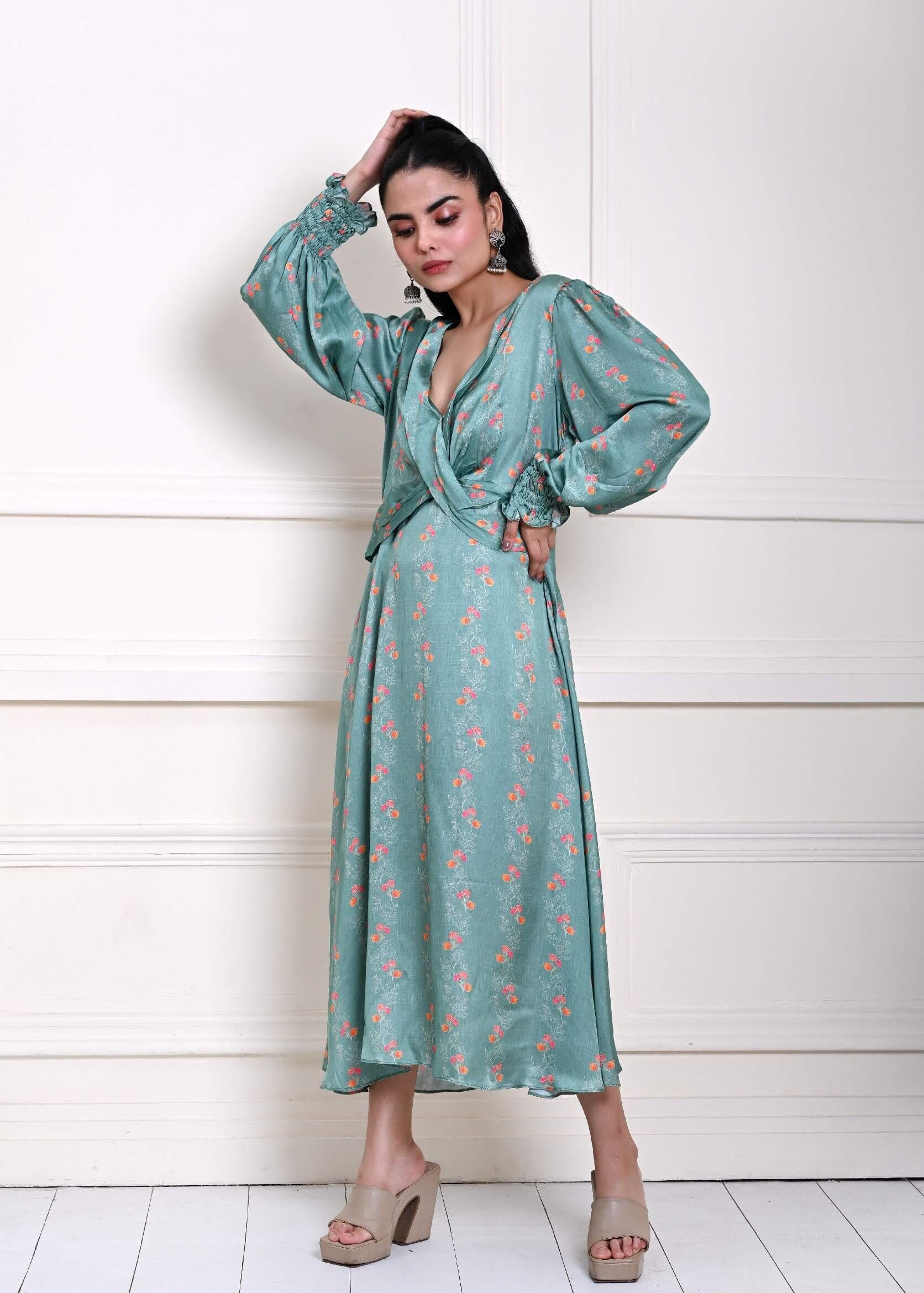Ocean Blue Printed Wrap Dress in Satin Silk - Anvi Couture