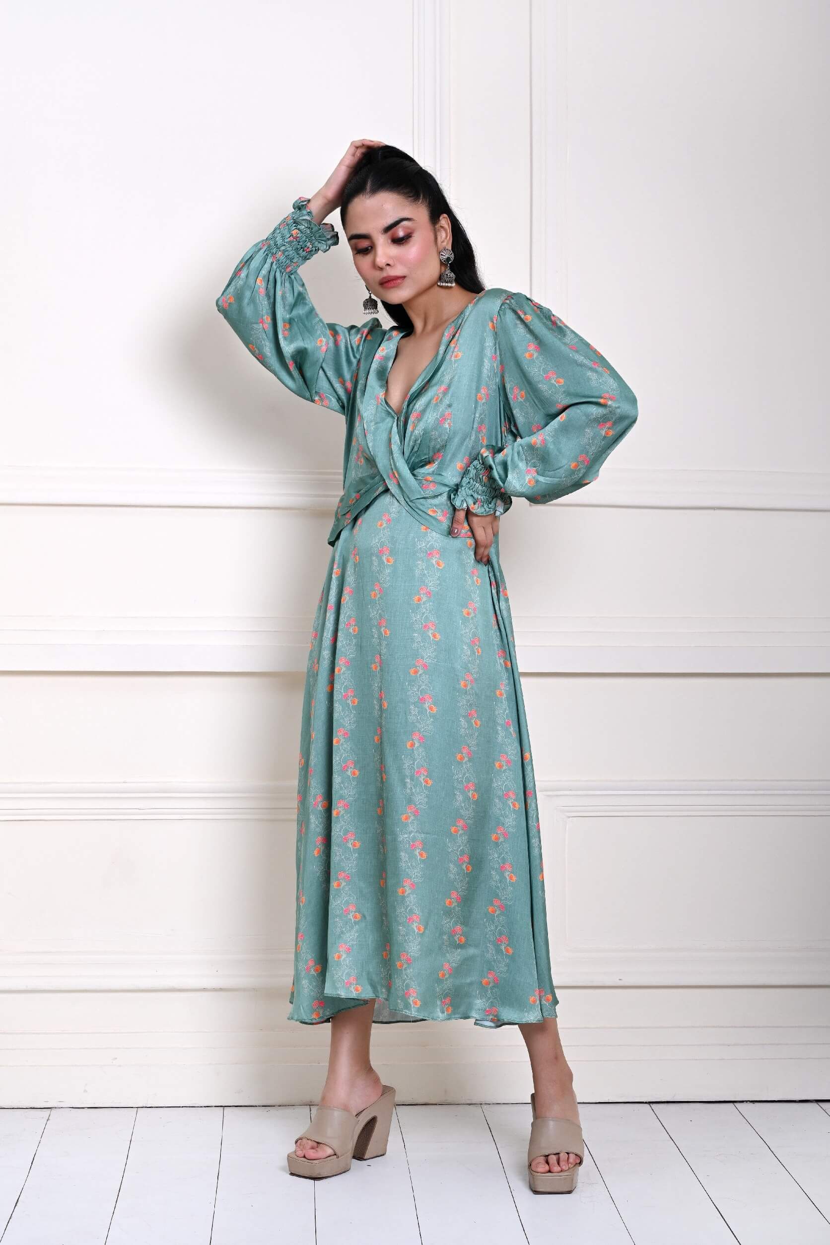 Ocean Blue Printed Wrap Dress in Satin Silk - Anvi Couture
