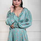 Ocean Blue Printed Wrap Dress in Satin Silk - Anvi Couture